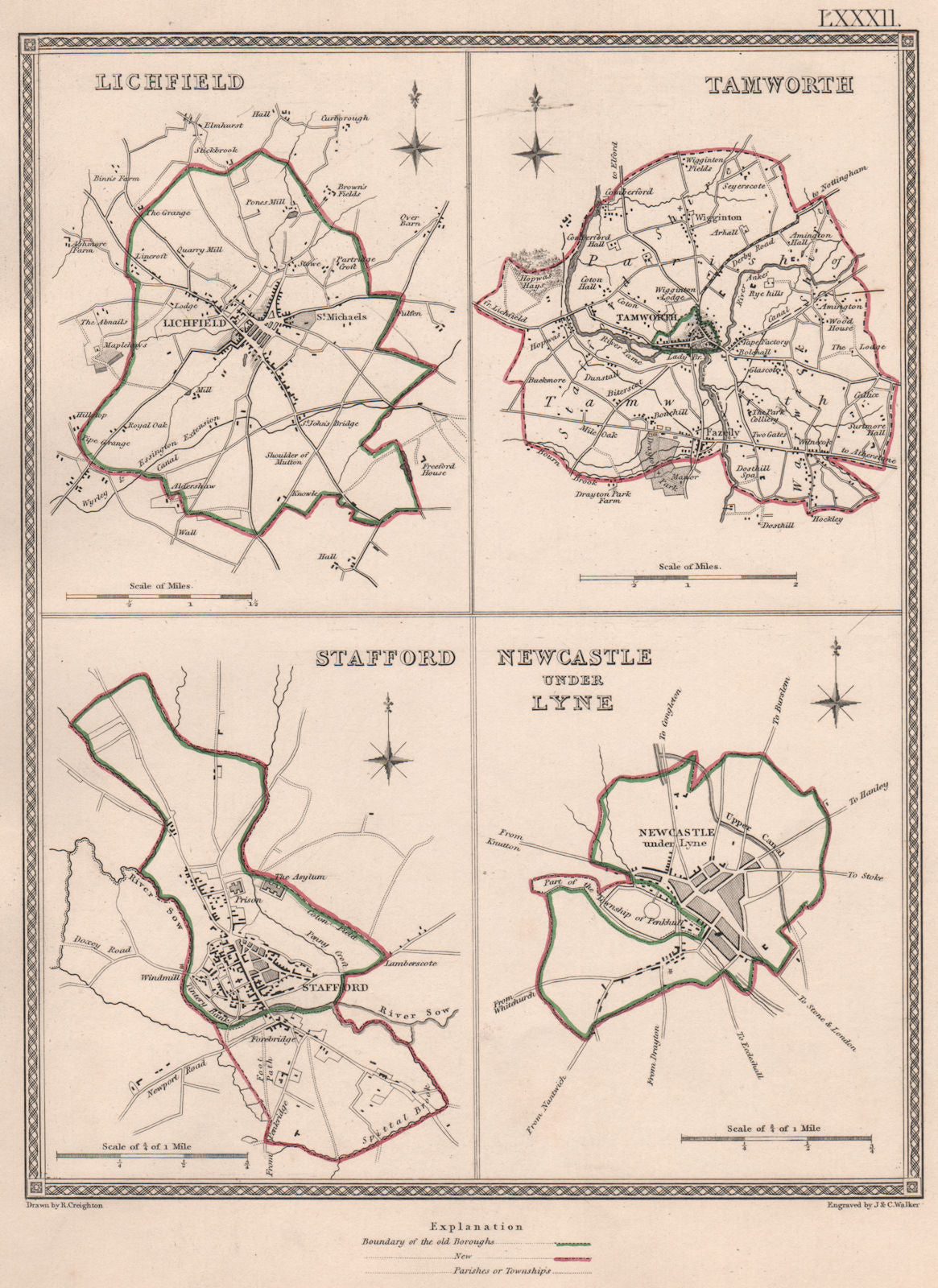 STAFFORDSHIRE TOWNS. Lichfield Tamworth Stafford Newcastle-under-Lyne 1835 map
